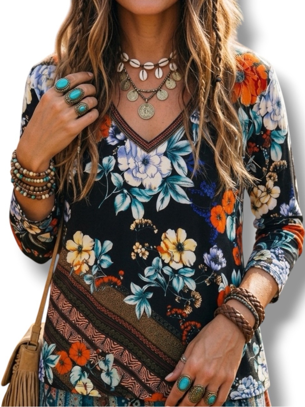 Johnny Was Black Floral V-Neck Blouse with Teal and Orange Accents